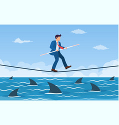 Businessman Walking A Tightrope Over Shark