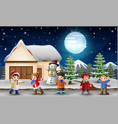 Cartoon Kids Singing In Front Of The Snowing House