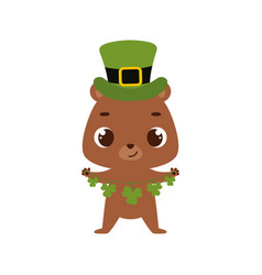 Cute Bear In Green Leprechaun Hat With Clover