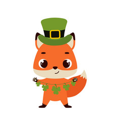 Cute Fox In Green Leprechaun Hat With Clover