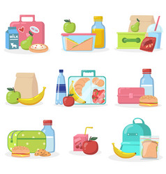 School Lunchboxes With Snacks Flat Icon Set