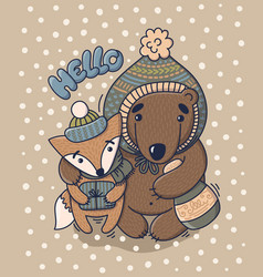 Card With Bear And Fox In Cartoon Style