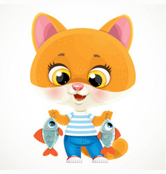 Cute Cartoon Orange Baby Cat With Caught Fish