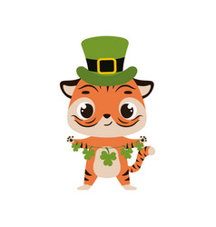 Cute Tiger In Green Leprechaun Hat With Clover