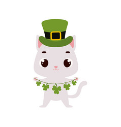 Cute Cat In Green Leprechaun Hat With Clover