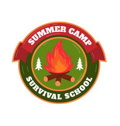 Summer Camp Badge With Fire And Trees On Green