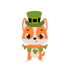 Cute Dog In Green Leprechaun Hat With Clover