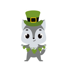 Cute Wolf In Green Leprechaun Hat With Clover