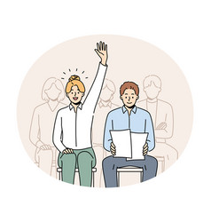 Woman Raise Hand Volunteer At Team Meeting