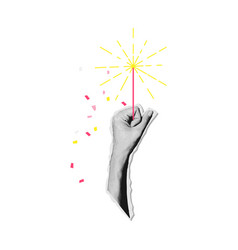 90s Vintage New Year Hand Holding Sparkler Torn