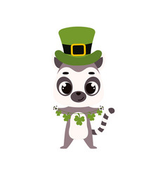 Cute Lemur In Green Leprechaun Hat With Clover