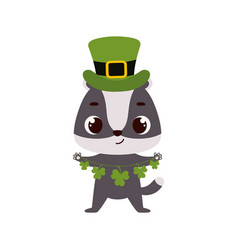 Cute Badger In Green Leprechaun Hat With Clover