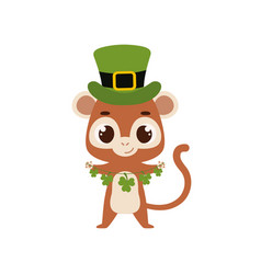 Cute Monkey In Green Leprechaun Hat With Clover