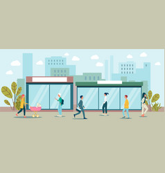 Cartoon People Walking In Downtown City Landscape