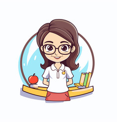 Cute Little Girl In Glasses With Books And Apple