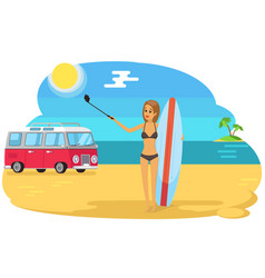 Woman With Surfboard Is Making Selfie Girl