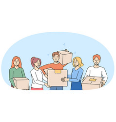 Smiling People With Boxes Moving Together