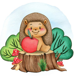 Watercolor Cute Woodland Hedgehog With Apple