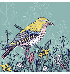 A Yellow Bird With Blooming Spring Flowers