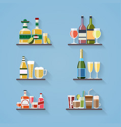 Booze Or Drinks Flat Icons On Tray At Bar