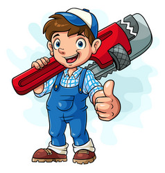 Cartoon Kid Plumber Holding A Big Key And Giving