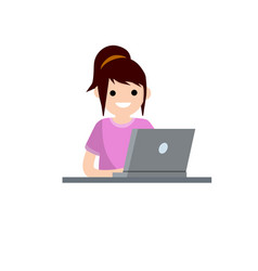 Girl With Laptop Work At Computer Flat Cartoon