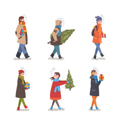 Set Of People In Warm Winter Clothes Walking