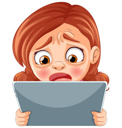 Cartoon Of A Girl Looking Anxious Holding Tablet