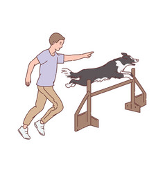 Cartoon Man Training Dog To Jump Over Hurdle - Pet