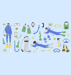 Scuba Diving Set Men And Women Divers Swimming In