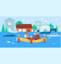 Flood Rescue Banner - Cartoon Family In Boat Saved