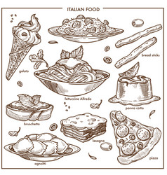 Italian Cusine Sketch Dishes Pizza Pasta Meat