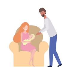 Woman And Man With Newborn Baby Sitting On Sofa