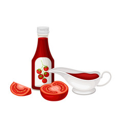 Ketchup In Plastic Bottle And Sauce Boat