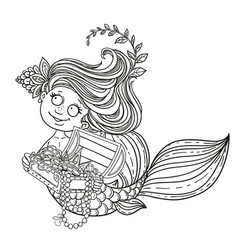 Cute Little Mermaid Holding A Treasure Chest