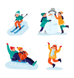 Winter Kids Activities Cheerful Children Skiing