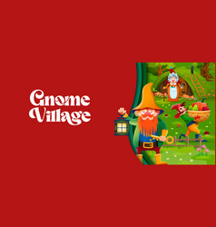 Paper Cut Banner With Cartoon Gnomes At Village