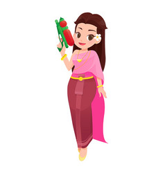 Woman In Thai Clothings Is Holding Water Gun