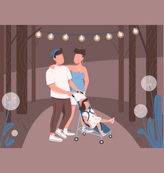 Young Family Walking In Night Park Flat Color