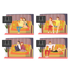 Bored Couples Sitting On Couch And Watching Tv Set