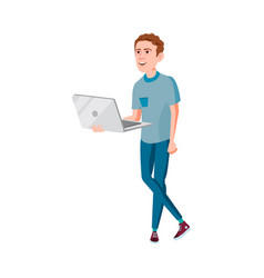 Smiling Man Designer Holding Laptop Speaking