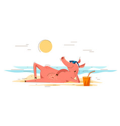 Funny Cartoon Pig Lays On A Beach Sea