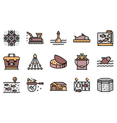 Fish Farm Icons Set Line Color