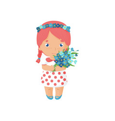 Flat Happy Red Hair Kid With Field Flowers