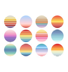 Set Of Retro Sunset And Sunrise With Colorful