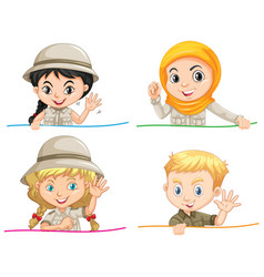 A Set Kids In Safari Outfit Waving On White