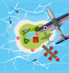 Top View Of Airplane Flying Over Island