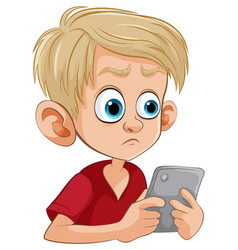 Cartoon Of A Young Boy Holding A Tablet Looking