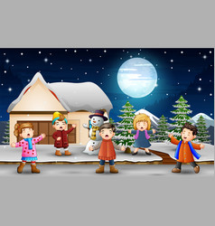 Cartoon Kids Singing In Front Of The Snowing House