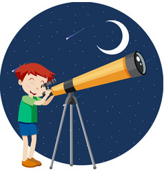 A Boy Looking Through Telescope At Night